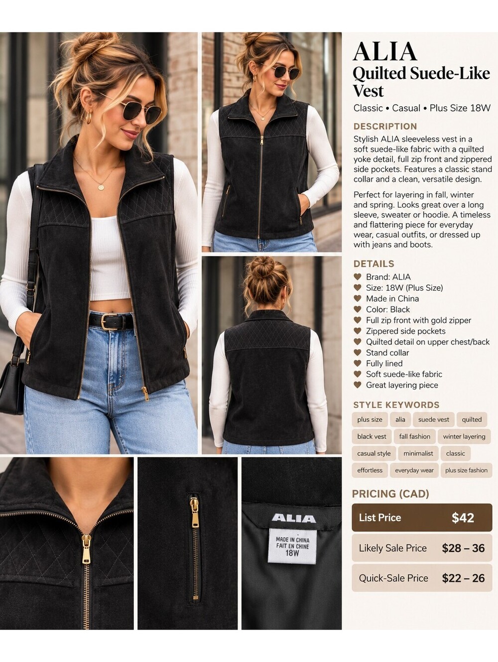 ALIA Women’s 18W Black Faux Suede Quilted Zip Vest Plus Size Quiet Luxury